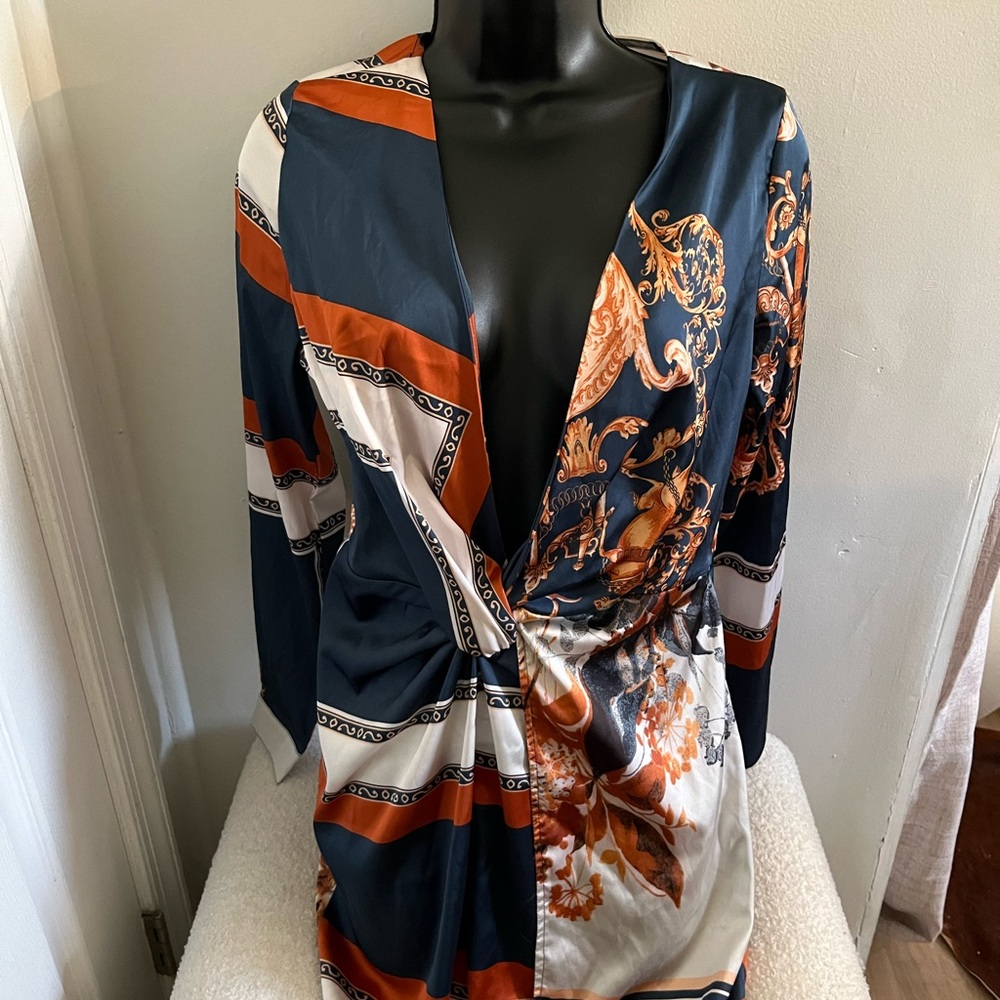 Plunge Wrap Dress in Navy, Rust & Cream